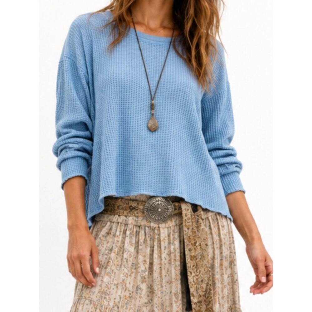 FP One Blue 100% Cotton Waffle Knit Thermal Oversized Long Sleeve Boho Top NWT